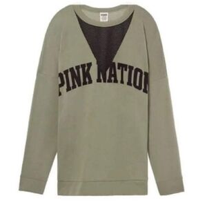 Pink Victoria Secret Pink Nation varsity mesh crew neck army green sweatshirt Lg